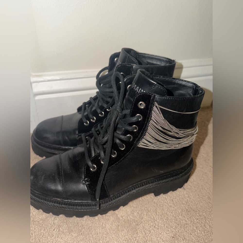 Balmain Black Lace-Up Ankle Boots with Silver Chain Fringe